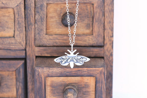 Midnight Silver Moth Necklace